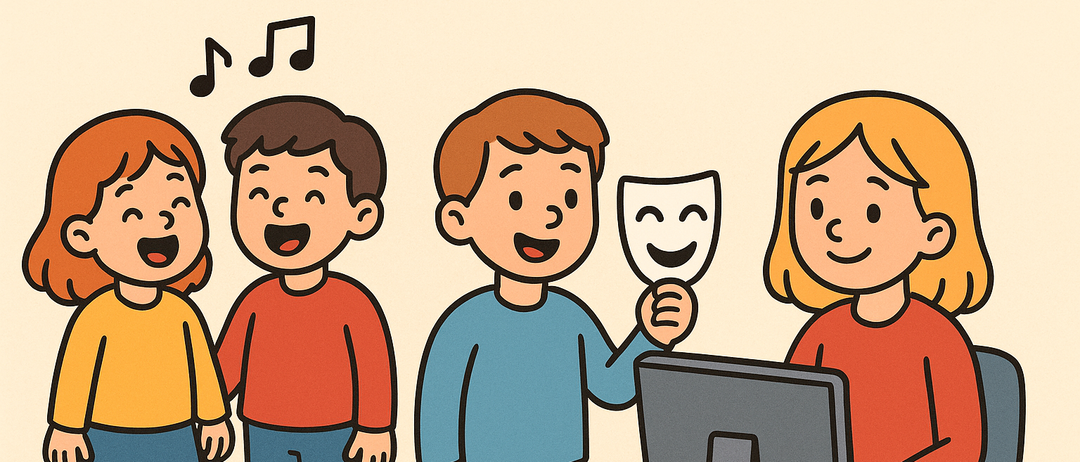 Vier Kinder stehen um einen Computermonitor herum, lächeln und schauen auf eine Maske mit einem glücklichen Gesicht.