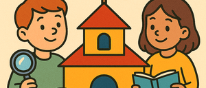 Drei Kinder lächeln und betrachten ein kleines Haus. Der Junge in der Mitte hält eine Lupe und scheint etwas zu erklären. Das Mädchen auf der rechten Seite hält ein Buch und hört zu. Das Haus hat ein rotes Dach und eine Flagge.