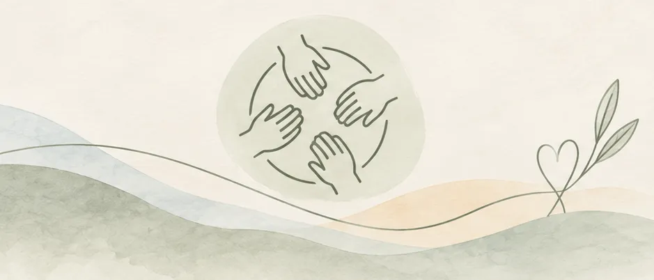 Eine abstrakte Illustration von Händen, die einen Kreis bilden und Einheit und Verbindung symbolisieren, vor einem Hintergrund aus sanften, fließenden Linien und einem Herzsymbol.
