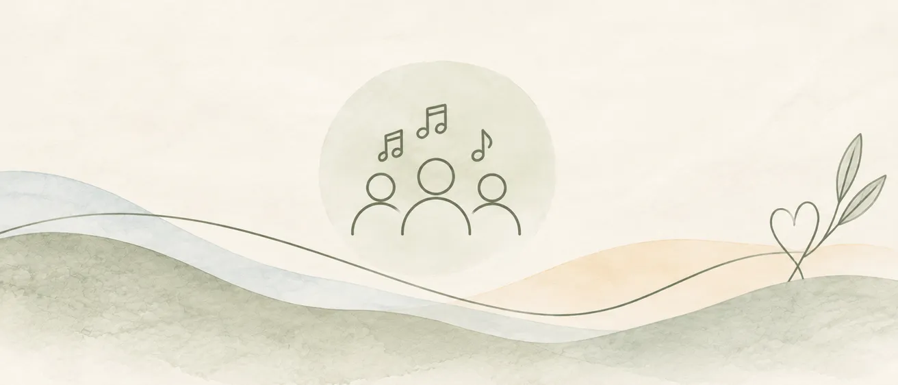 Eine Illustration von drei Menschen in einem Kreis mit Musiknoten darüber, vor einem Hintergrund von Hügeln und Grün.