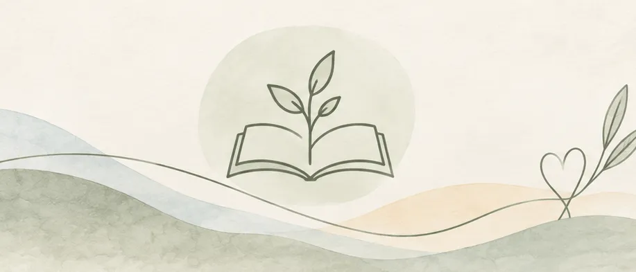Ein offenes Buch mit einer Pflanze, die daraus wächst, umgeben von einem Kreis, mit einem Herzen und Blättern auf der rechten Seite.