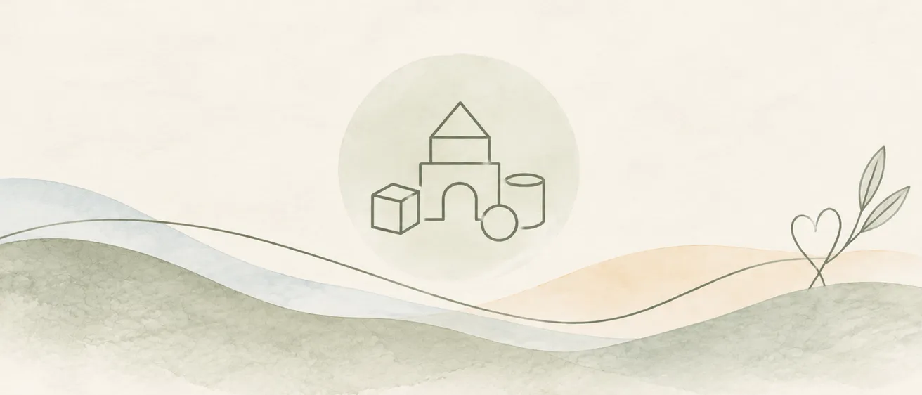Eine abstrakte Illustration einer Burg mit einem Würfel und einem Zylinder, umgeben von einem Herz und Blättern auf einer hügeligen Landschaft.