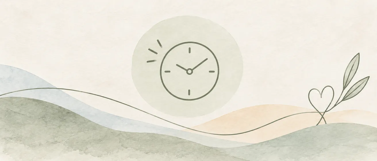 Eine Illustration einer Uhr mit einem Herz und Blättern auf einem Hügel.