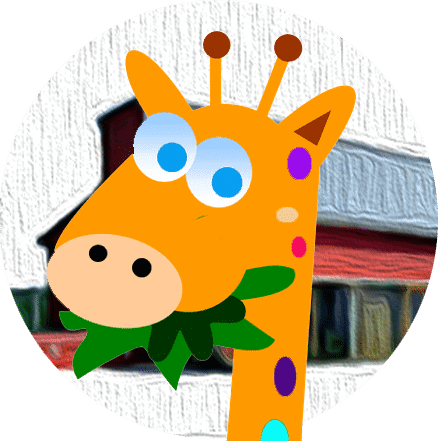 Eine gezeichnete Giraffe mit blauen Augen, einem Blatt im Mund und bunten Punkten, die vor einem Gebäude steht.