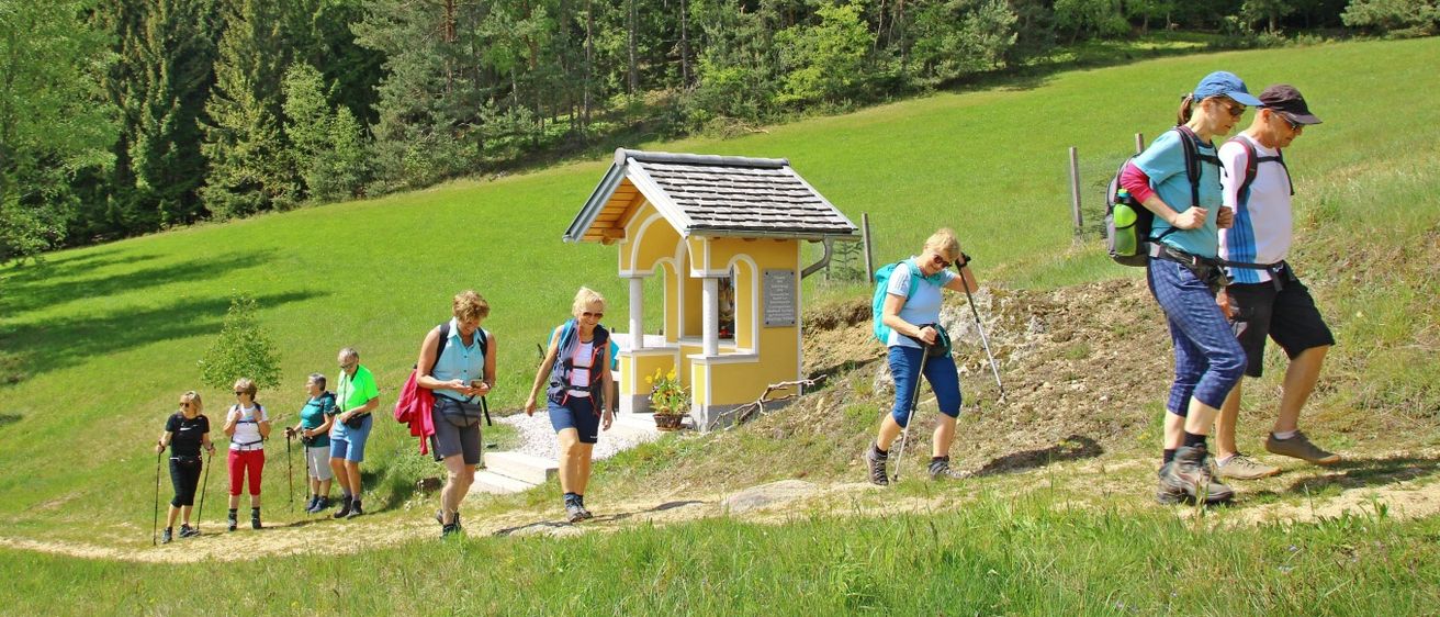 Eine Gruppe von Wanderern in farbenfrohen Outfits wandert einen grasbewachsenen Hügel hinauf. In der Nähe steht ein kleines gelbes Haus mit einem Blumentopf am Hang.
