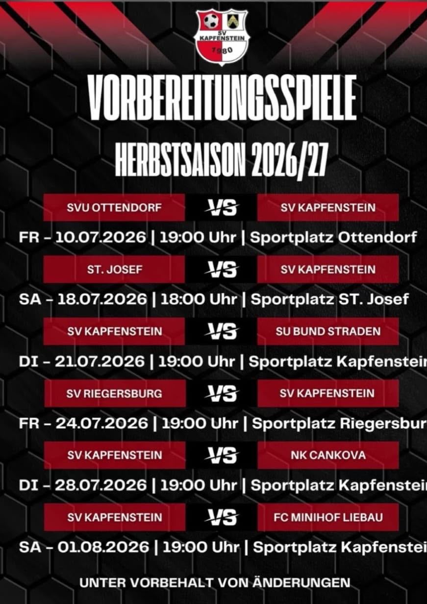 Ein schwarz-weißes Grafik zeigt einen Zeitplan für Fußballspiele der Saison 2026/27. Spiele sind mit Datum, Uhrzeit und Orten aufgelistet.