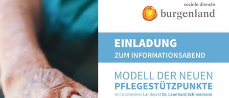 Poster mit zwei Händen, die sich halten, eine ältere Person und eine jüngere Person. Veranstaltungsdetails: Modell des neuen Pflegestützpunktes mit Gastredner Landesrat Dr. Leonhard Schneemann. Datum: 5. März 2026. Ort: Gemeindesaal, Obere Dorfstrasse 5, 7512 Badersdorf. Zeit: 18:00 Uhr.