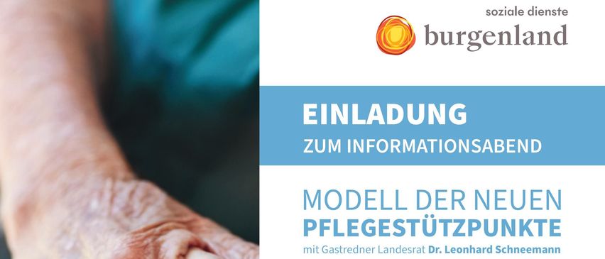 Poster with two hands holding each other, an elderly person and a younger person. Event details: Model of the new care support point with Gastredner Landesrat Dr. Leonhard Schneemann. Date: March 5, 2026. Location: Gemeindesaal, Obere Dorfstrasse 5, 7512 Badersdorf. Time: 6:00 PM.