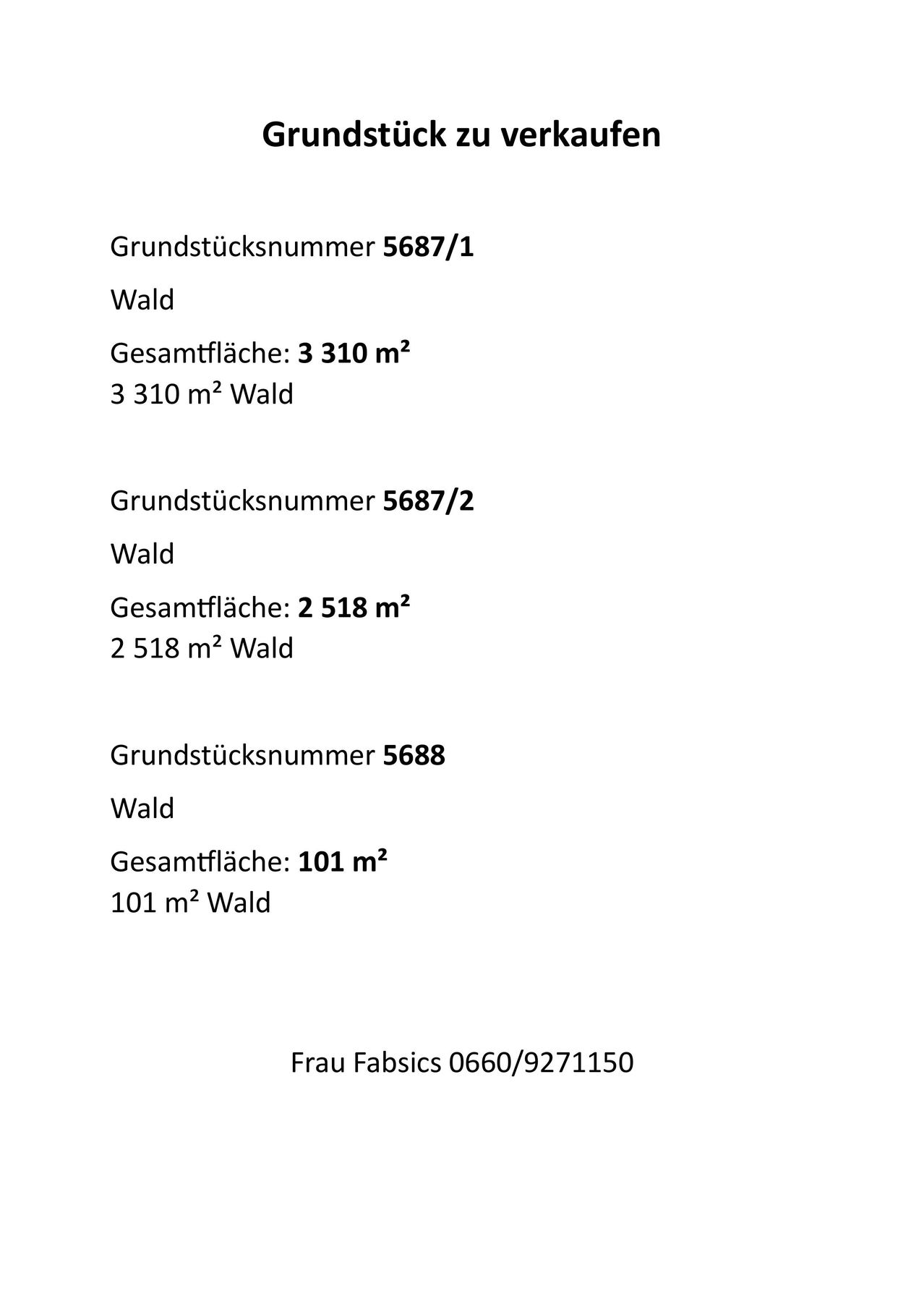 Das Dokument zeigt drei Grundstücke. Grundstück 5687/1 hat eine Gesamtfläche von 3.310 Quadratmetern. Grundstück 5687/2 hat eine Gesamtfläche von 2.518 Quadratmetern. Grundstück 5688 hat eine Gesamtfläche von 101 Quadratmetern. Die Besitzerin ist Frau Fabsics.