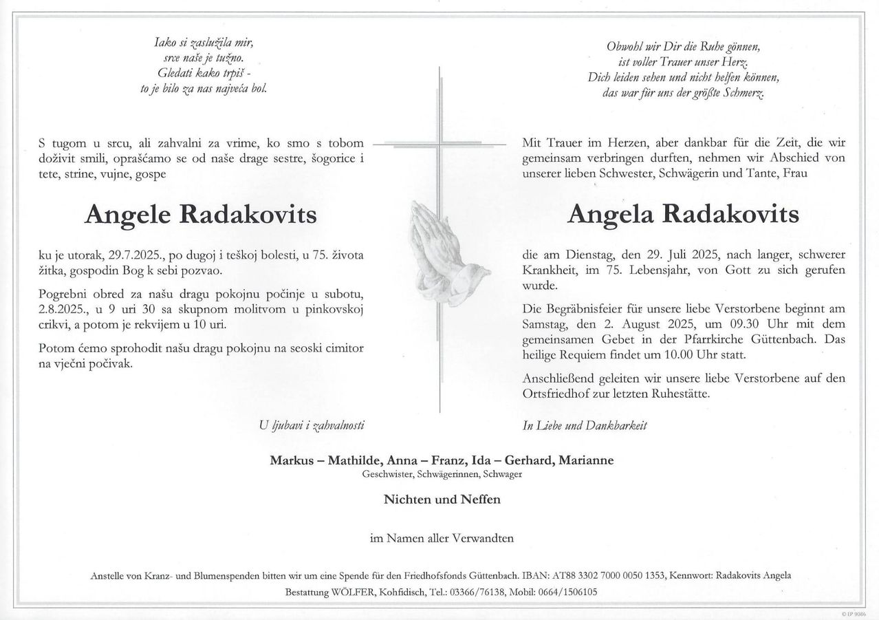 Todesanzeige für Angela Radakovitch, die am 29. Juli 2025 im Alter von 75 Jahren verstarb. Details zur Beerdigung und zur Familie werden angegeben.