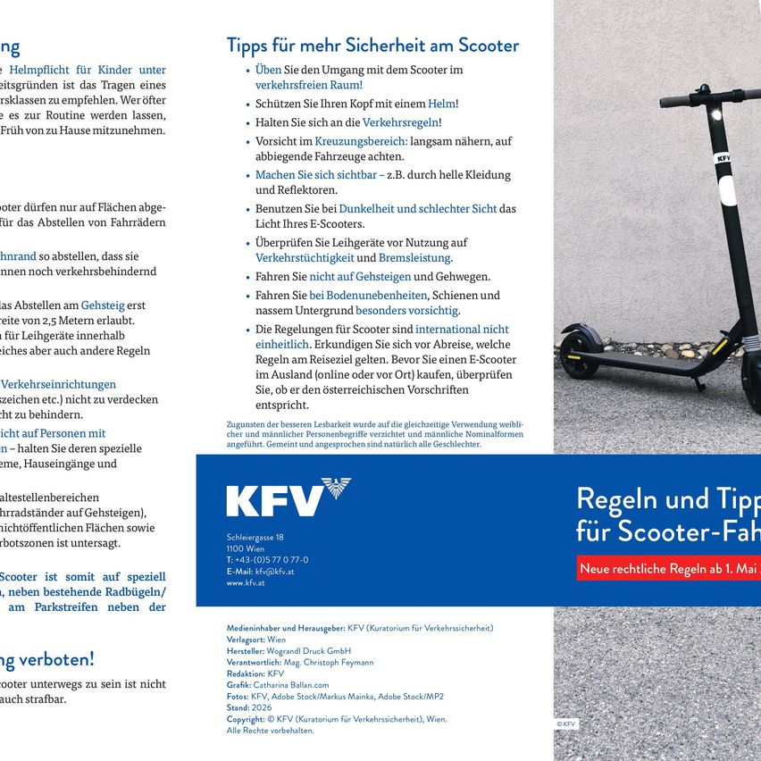 Tipps für mehr Sicherheit am Scooter. Tragen Sie einen Helm, fahren Sie auf dem Bürgersteig und vermeiden Sie das Fahren bei Dunkelheit. Befolgen Sie Verkehrsregeln und seien Sie sichtbar. Registrieren Sie den Scooter, wenn erforderlich.