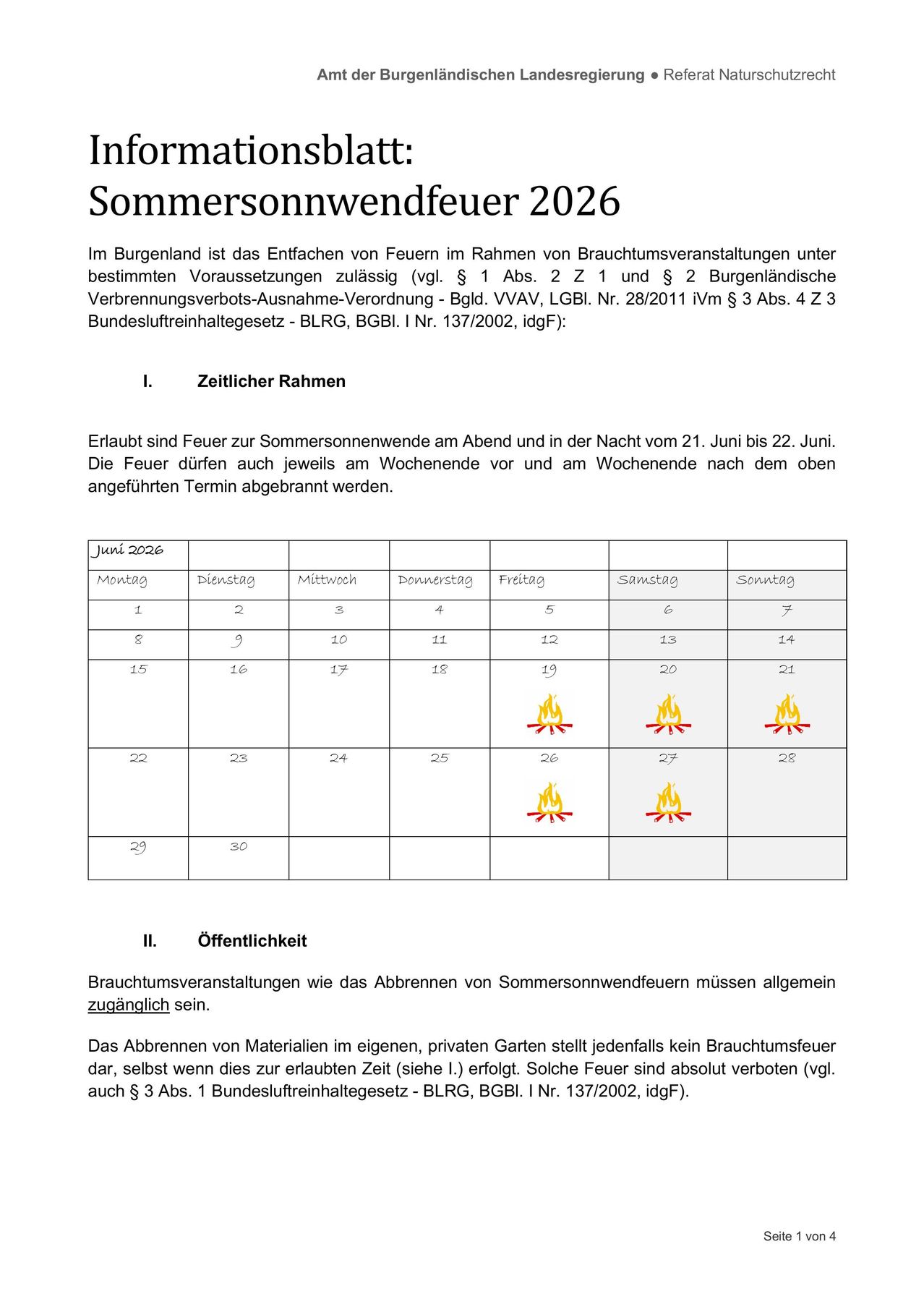 Das Bild zeigt eine Tabelle mit Daten und entsprechenden Feuergenehmigungen für Sommerbonfires im Jahr 2026. Die Rechtsgrundlage umfasst Vorschriften für den Freizeitgebrauch von Feuer.