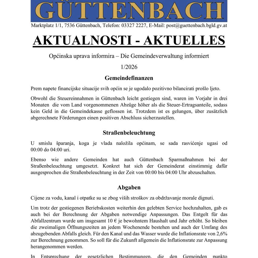 Der Marktplatz 1/1 in Guttenbach informiert über die Gemeindefinanzen. Trotz gestiegener Steuereinnahmen hat die Gemeinde beschlossen, einen Haushaltsüberschuss zu erzielen. Die Straßenbeleuchtung und die Kanalgebühren wurden angepasst, wobei eine Inflationsrate von 2,6% berücksichtigt wurde.
