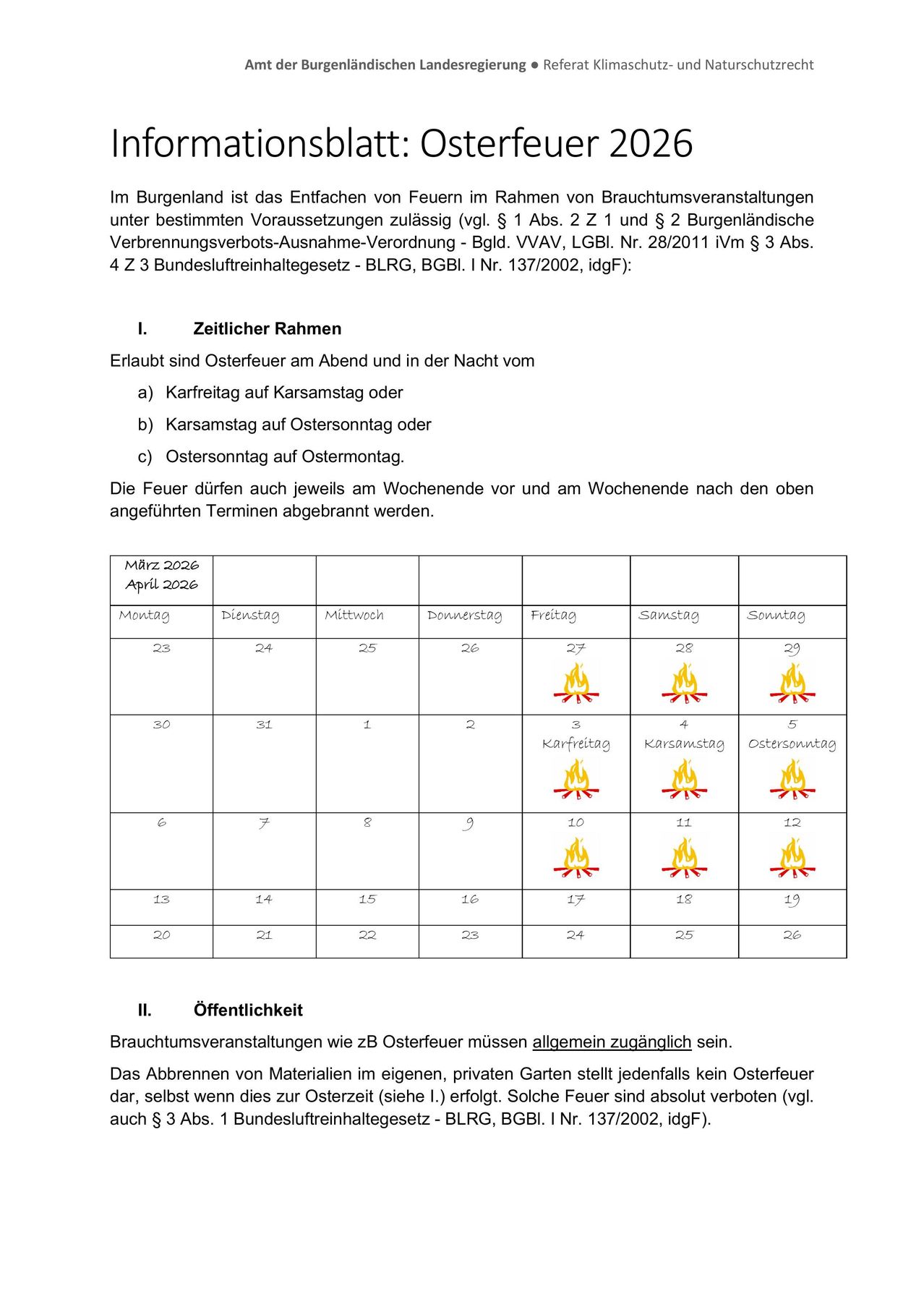 Das Bild zeigt einen Zeitplan für Osterfeuer in Burgenland, Österreich, mit angegebenen Daten und Zeiten. Es umreißt den rechtlichen Rahmen und Ausnahmen für das Entzünden von Feuern. Es enthält eine Tabelle mit spezifischen Daten und entsprechenden Feuertagen.