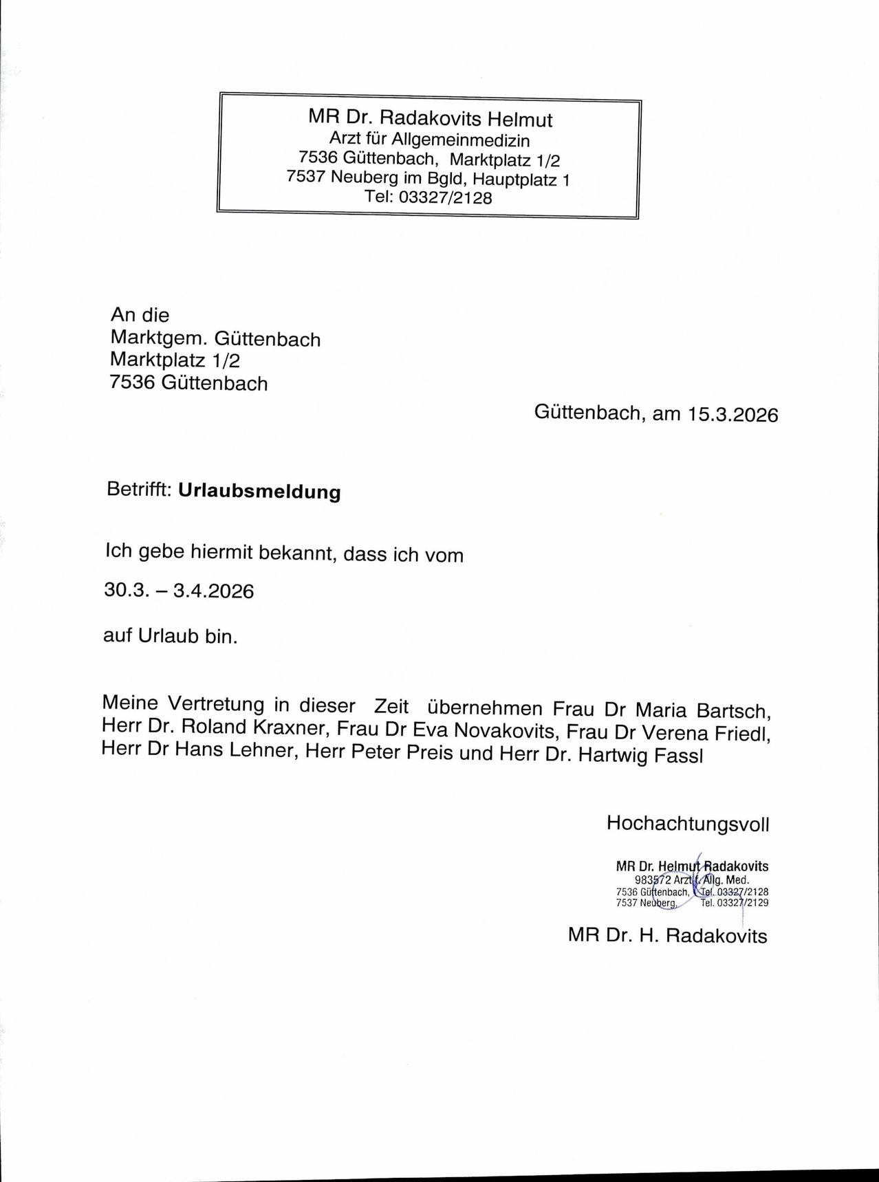 German letter about vacation notification from a doctor, dated 15.3.2026, stating the sender will be on vacation from 30.3-3.4.2026 and will be represented by specified colleagues.