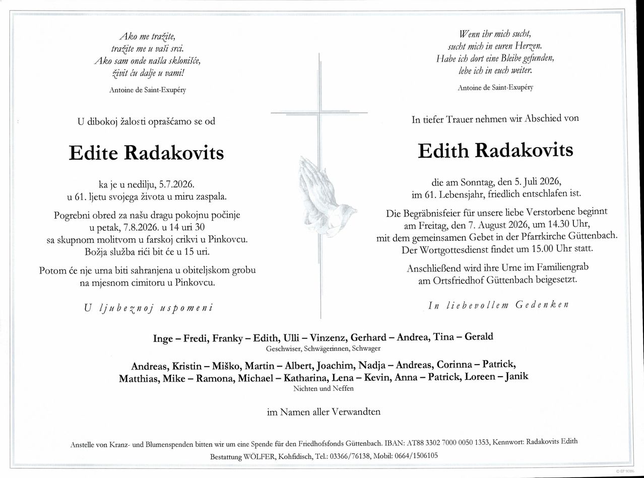 Traueranzeige für Edith Radakovitz, verstorben am 5. Juli 2026, begraben am 7. August 2026. Familie und Freunde versammeln sich für eine Gedenkfeier auf dem örtlichen Friedhof.