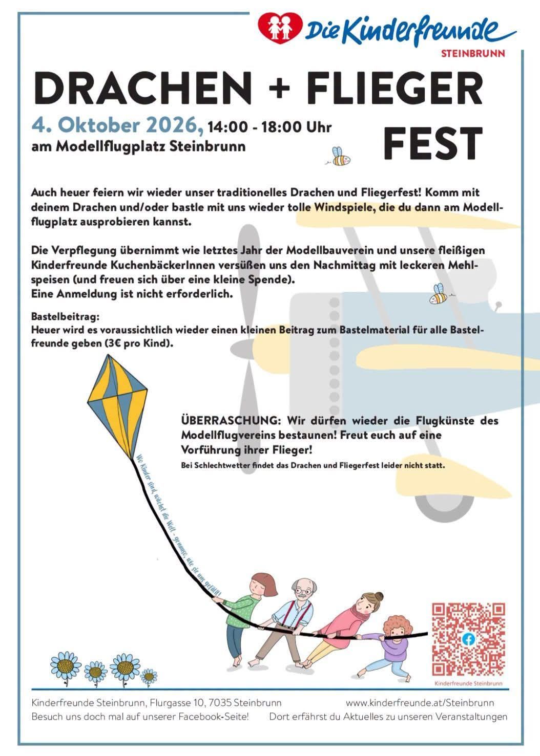 Poster for a kite festival on October 4, 2026, from 2:00 PM to 6:00 PM at the Steinbrunn model airfield. The event includes kite flying, food, and a small donation for materials. The weather is uncertain, and the event may be canceled.