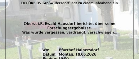 An invitation to a cemetery in Hainersdorf on May 18, 2026, at 19:00, where Oberst i.R. Ewald Hausdorf will discuss research findings.