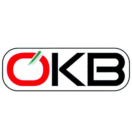 Ein Logo mit den Buchstaben OKB in Schwarz auf weißem Hintergrund. Der Buchstabe O ist rot, und es gibt ein grünes Blattdesign darüber.