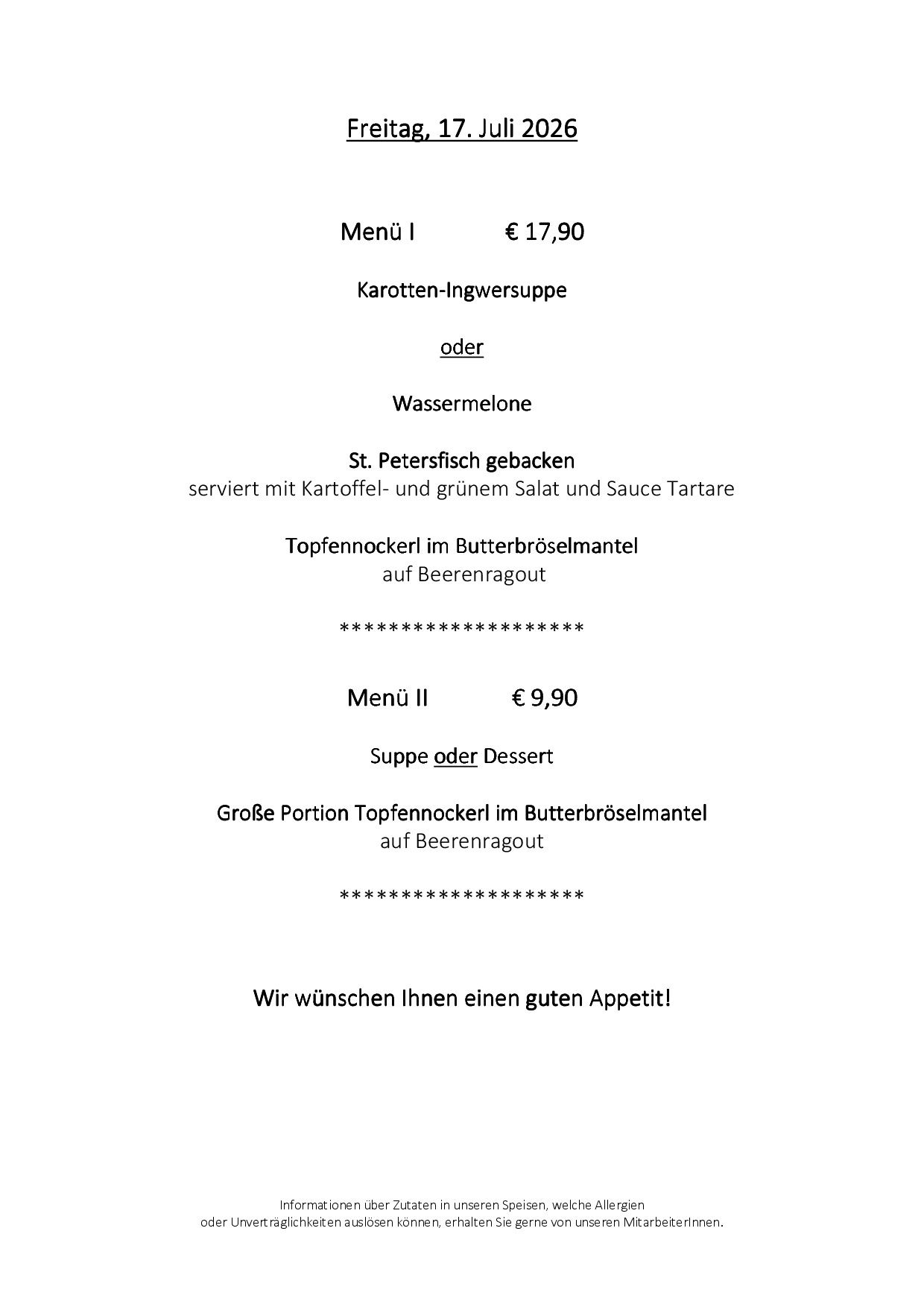 Ein Restaurantmenü mit zwei Gerichten: Karotten-Ingwersuppe mit Wassermelone und große Portion Topfennecher im Butterbröselmantel auf Beerenragout.