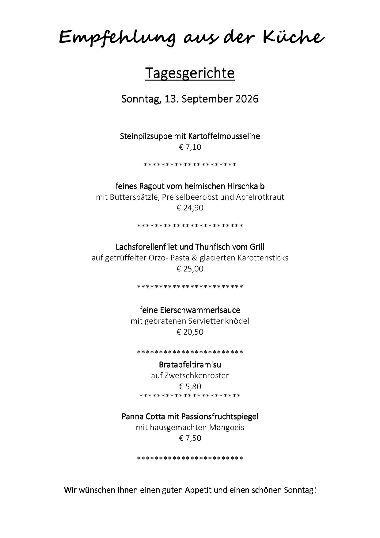 A menu from a restaurant dated September 13, 2026, featuring various dishes with prices, including Steinpilzsuppe, Ragout, Lachsforellenfilet, and Bratapfeltiramisu.