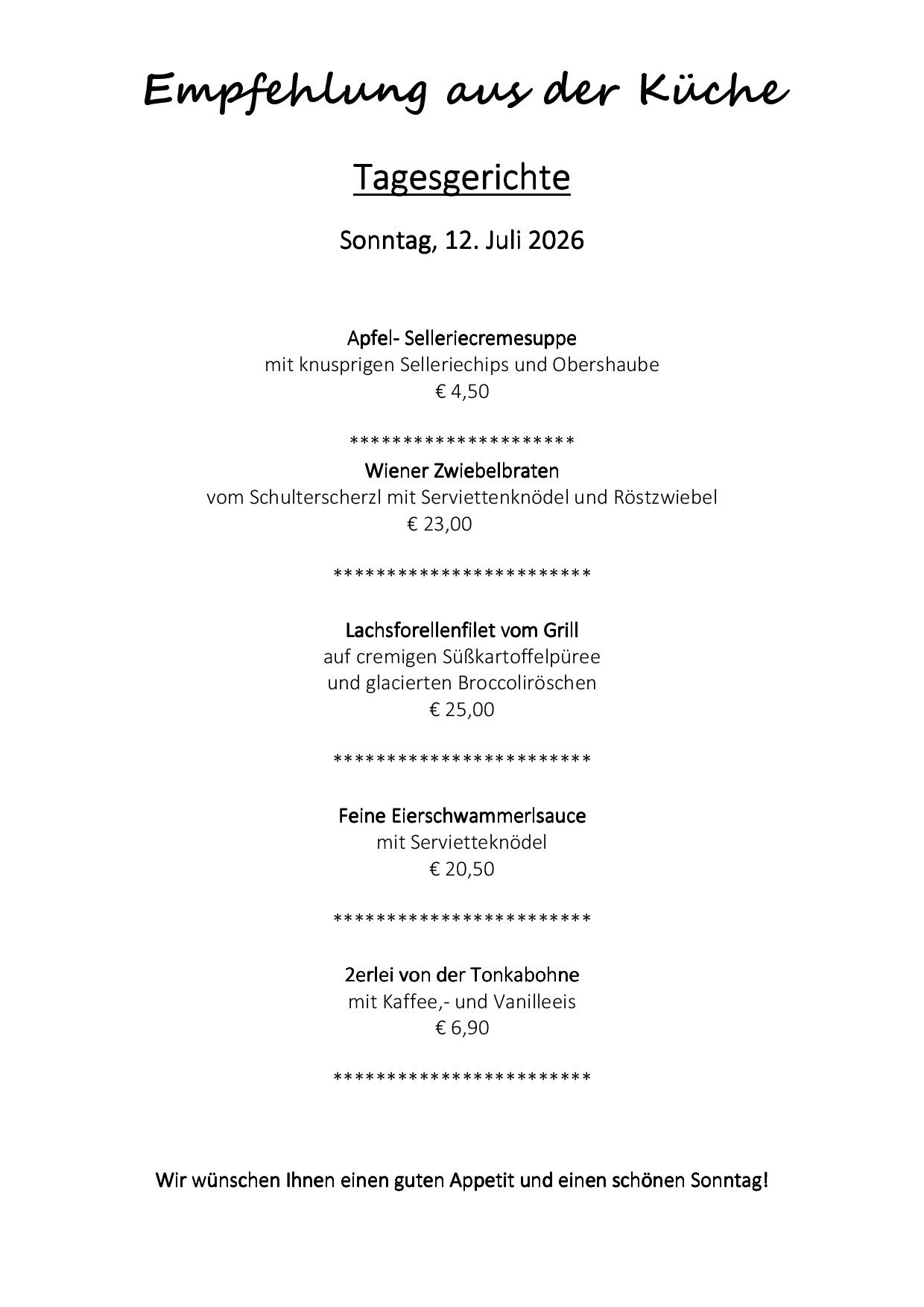 A menu from a restaurant dated July 12, 2026, featuring various dishes like apple-seller cream soup, Viennese twine brats, and more, with prices listed.