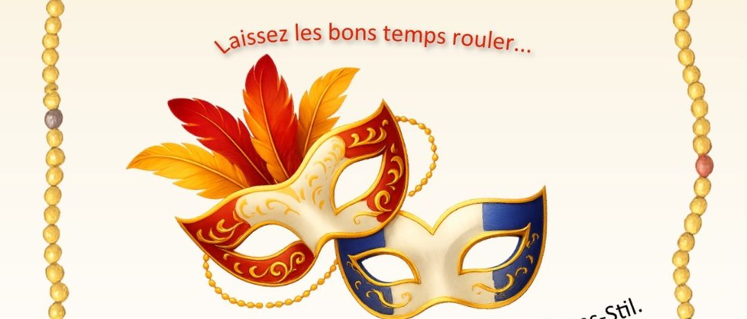 Ein Plakat für eine Mardi Gras-Party im New Orleans-Stil, mit Masken und gelbem Rand. Es heißt 'Faschingsgschnas à la Mardi Gras' und lädt ein am Samstag, 24. Jänner 2026, ab 20 Uhr.