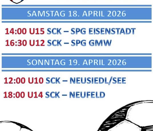Plakat für SC Kittsee Nachwuchs Fußballspiele. Spiele am 18. und 19. April 2026 mit Zeiten und Gegnern. Ein Fußball ist illustriert.