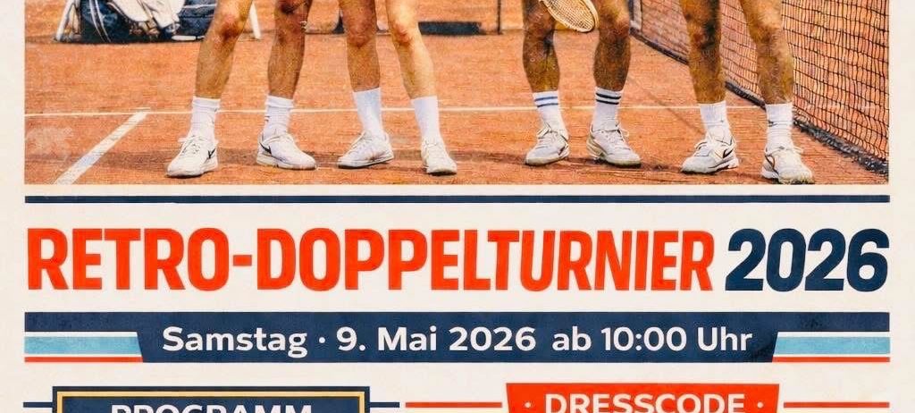 Poster for the Retro-Double Tournament 2026 on Saturday, May 9, 2026 at 10:00 AM. Program includes fun tennis matches, music, drinks, and snacks. Dress code: Tennis style with headbands, retro jackets, shorts, and white socks.