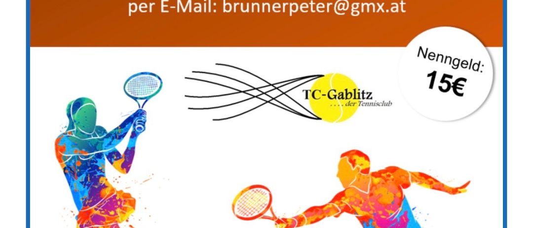 Poster for a social doubles tennis event on July 25, 2026, at TC-Gablitz. Registration deadline is July 24, 2026. Entry fee is 15 euros.