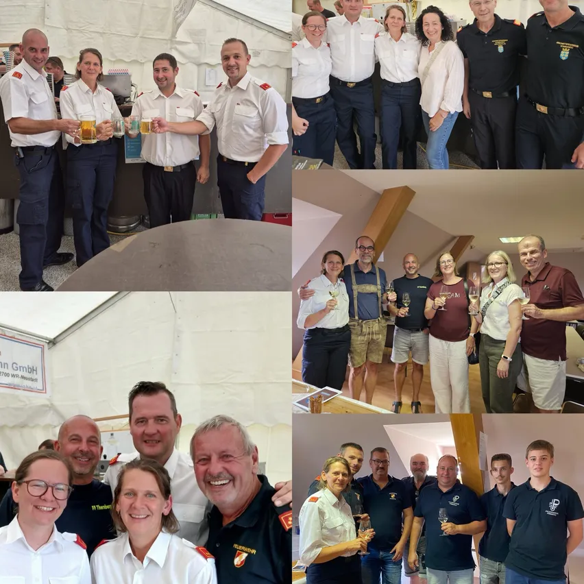 Eine Collage von Fotos, die verschiedene Gruppen von Menschen in Uniform zeigen, einige mit Getränken in der Hand, posieren für die Kamera in verschiedenen Umgebungen.