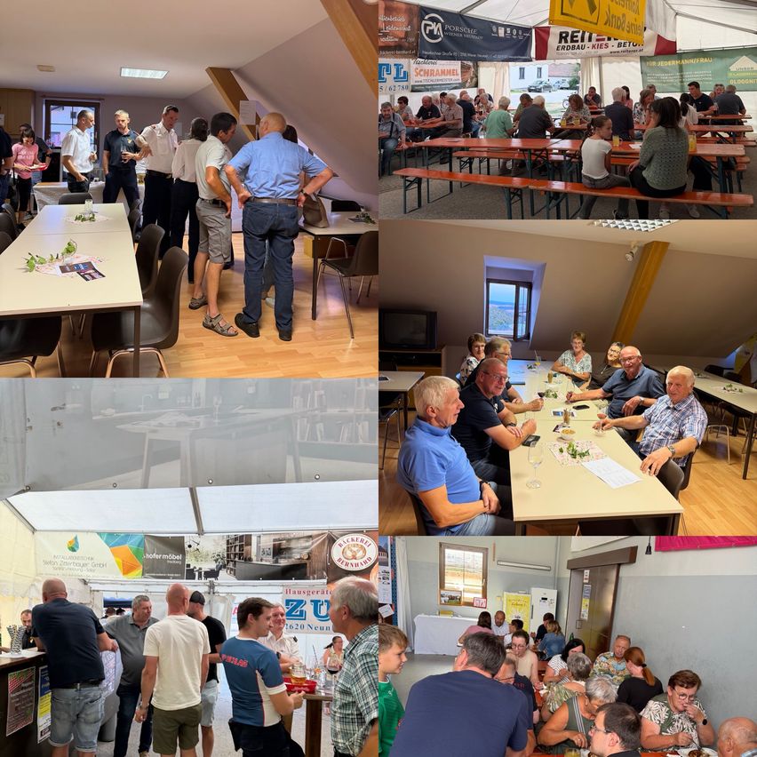 Eine Collage aus vier Bildern, die Menschen in einer sozialen Umgebung zeigt. Das erste Bild zeigt eine Gruppe von Menschen, die in einem Raum stehen und reden. Das zweite Bild zeigt Menschen, die in einem Zelt an Tischen sitzen. Das dritte Bild zeigt eine Gruppe von Menschen, die mit Essen an einem Tisch sitzen. Das vierte Bild zeigt Menschen, die mit einem Jungen an einem Tisch sitzen.