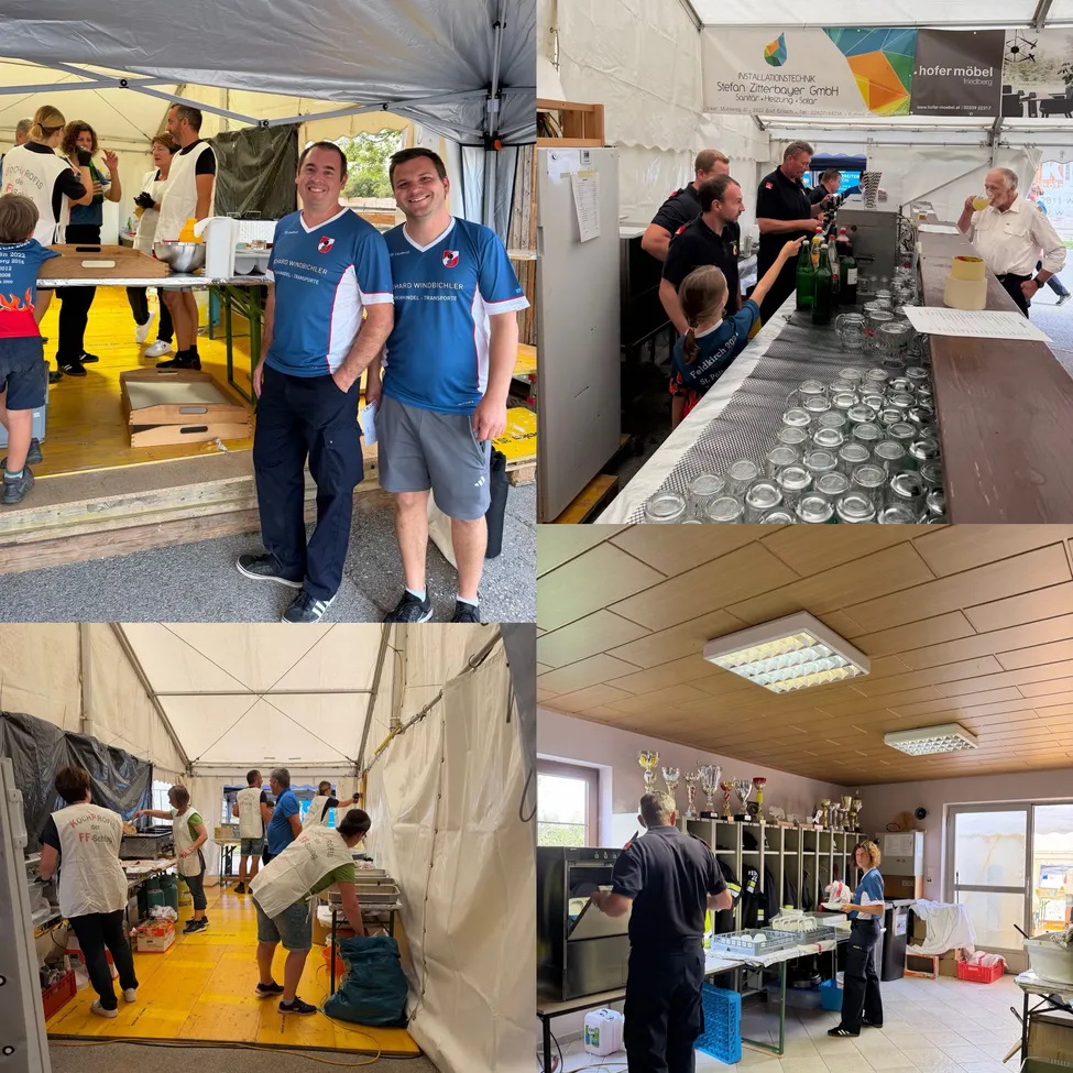 Ein Collage aus vier Bildern, die Menschen in einem Zelt zeigen, die Essen zubereiten, reinigen und eine Küche organisieren.
