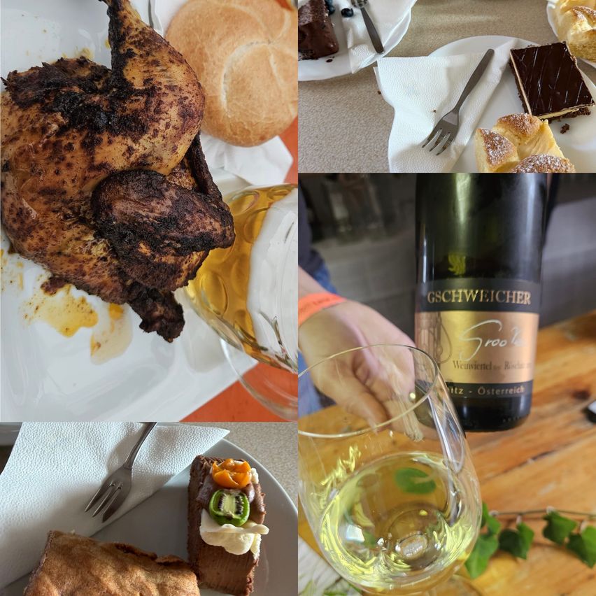 Eine Collage von Speisen und Getränken, darunter ein gebratenes Huhn, ein Glas Wein und eine Flasche Wein.