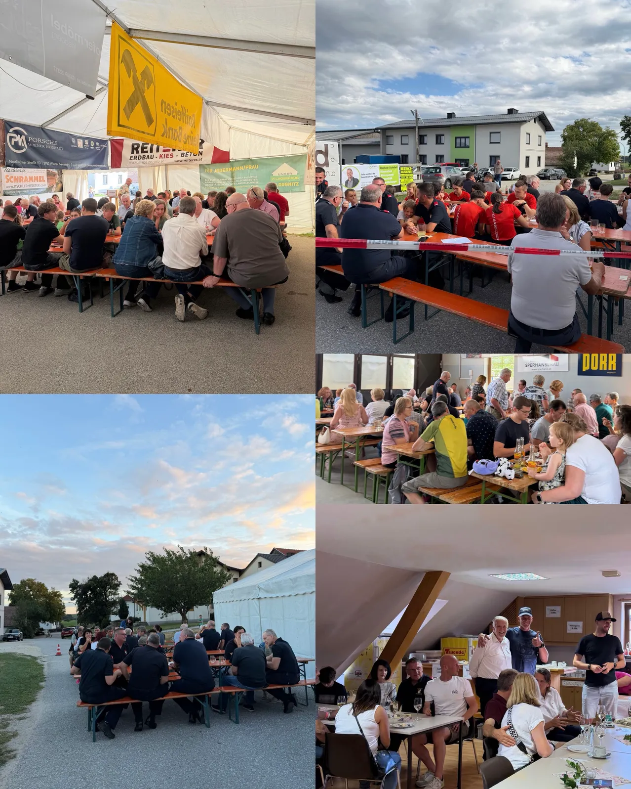 Ein Collage von Menschen, die an Tischen in verschiedenen Außen- und Innenräumen sitzen, einige mit Zelten und andere mit Gebäuden im Hintergrund, alles unter einem klaren Himmel.