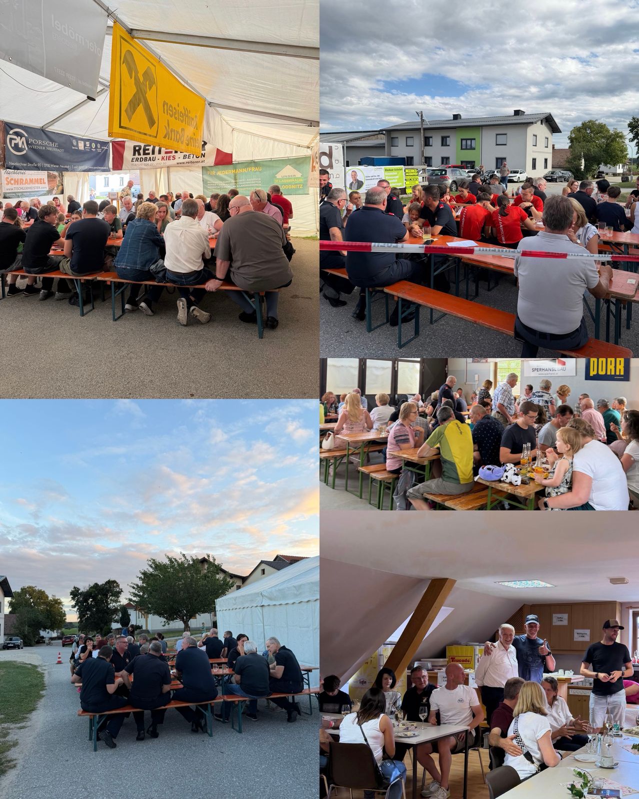 Ein Collage von Menschen, die an Tischen in verschiedenen Außen- und Innenräumen sitzen, einige mit Zelten und andere mit Gebäuden im Hintergrund, alles unter einem klaren Himmel.