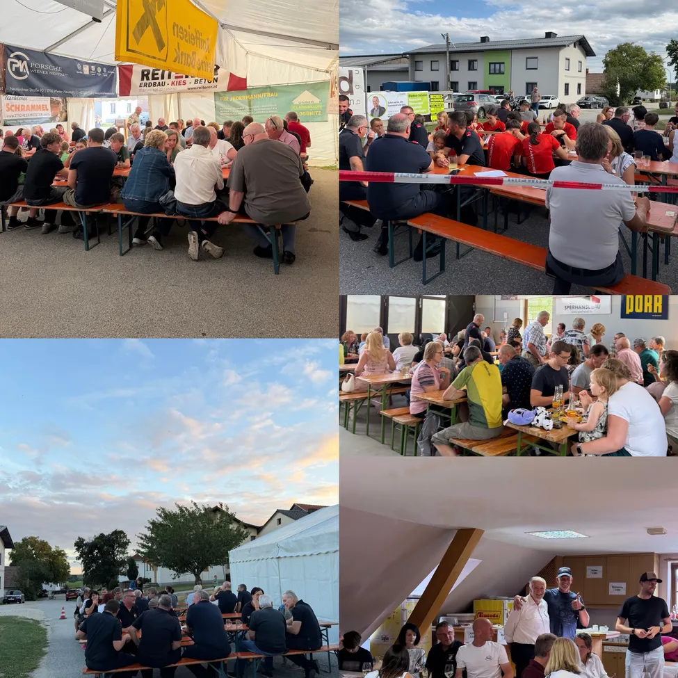 Ein Collage von Menschen, die an Tischen in verschiedenen Außen- und Innenräumen sitzen, einige mit Zelten und andere mit Gebäuden im Hintergrund, alles unter einem klaren Himmel.