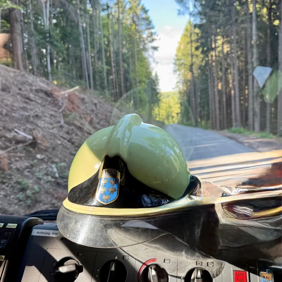 Ein grüner Helm mit blauem Emblem ist auf einem Armaturenbrett zu sehen, mit Blick auf eine Straße und einen Wald im Hintergrund.