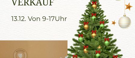 Ein Bild zeigt einen Weihnachtsbaum mit Ornamenten, eine Karte mit dem Logo Richard Michaela und eine Verkaufsanzeige für einen Weihnachtsbaum.