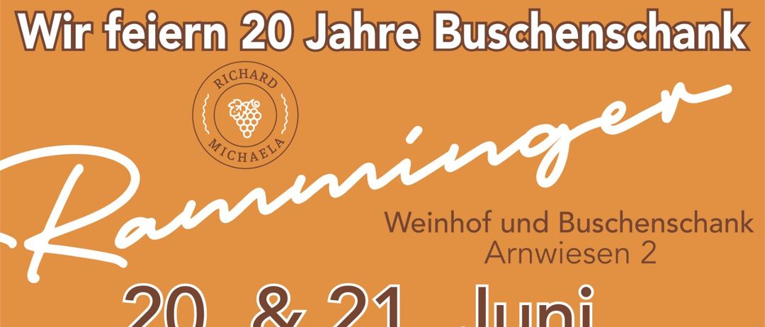 Jubiläumsposter für den Weingut Richard Michaela, das 20 Jahre feiert, mit einer Veranstaltung am 20. und 21. Juni. Das Poster zeigt das Logo des Weinguts.