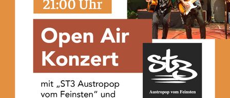 Ein Open-Air-Konzert am Samstag, 20. Juni um 21:00 Uhr. Mit ST3 Austropop von Feinsten und DJ Domi N. Tickets für 15 Euro im Vorverkauf, 20 Euro an der Abendkasse. Sichern Sie sich jetzt Ihre Tickets!