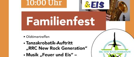 Plakat für ein Familienfest mit einem Saxophonisten. Beinhaltet Tanzakrobatikk-Auftritt, Musik von Ewald Fashing, Modellhubschrauber- und Flugzeugvorführungen, Feuer und Eis. Freier Eintritt.