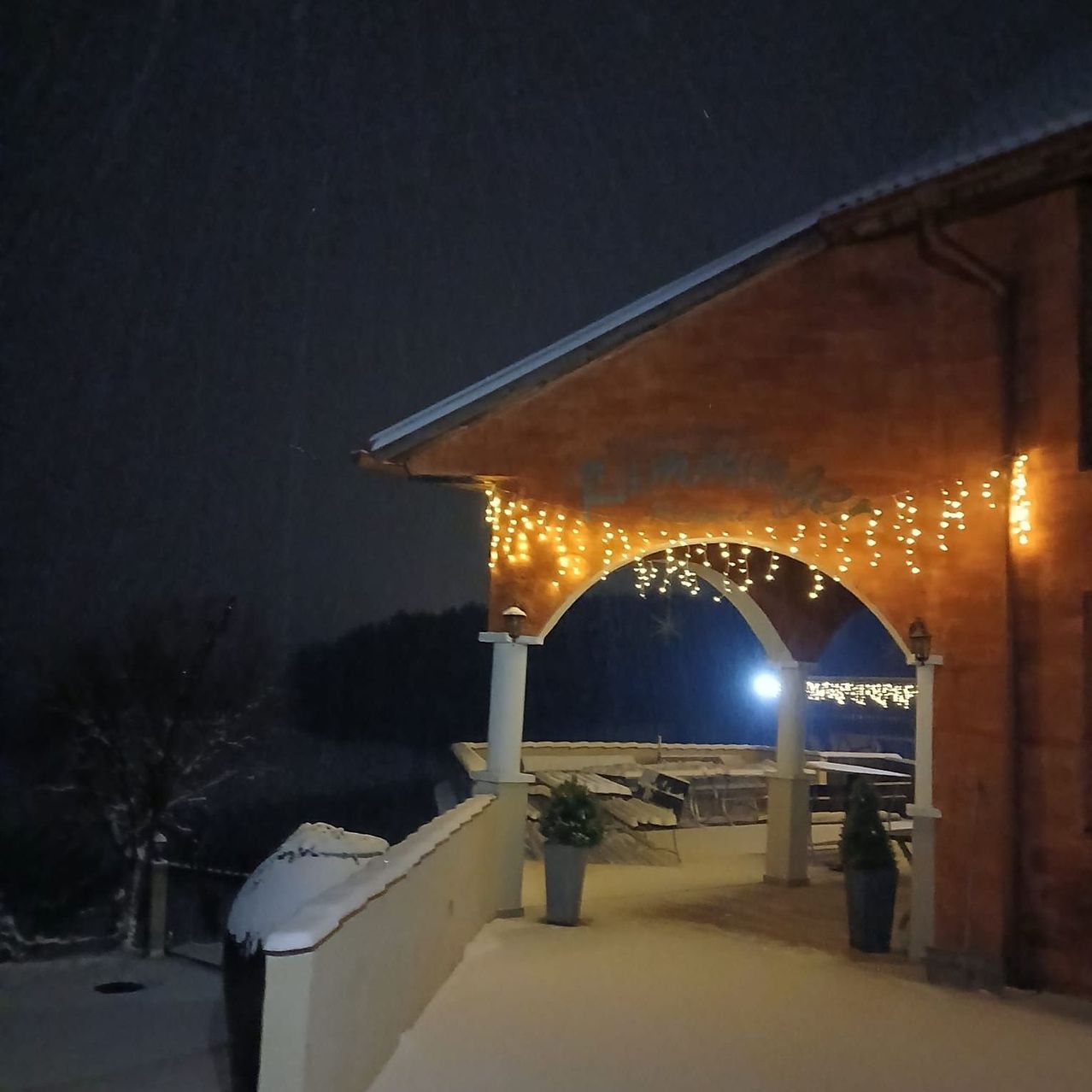 Eine überdachte Terrasse mit leuchtenden Lichterketten bei Nacht, mit einem kleinen Garten und einem dunklen Hintergrund.