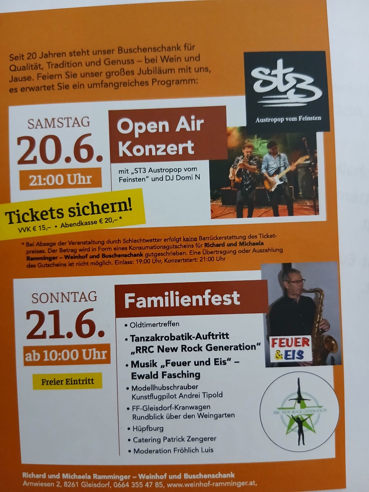 Plakat für ein Konzert am 20. Juni und ein Familienfest am 21. Juni. Konzert beginnt um 21 Uhr, Familienfest um 10 Uhr. Freier Eintritt.