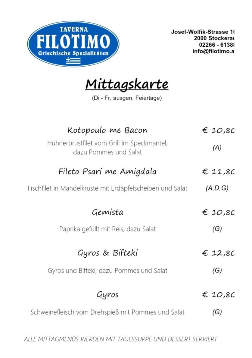 Eine Menükarte mit griechischen Spezialitäten. Es enthält 'Kotopoulou me Bacon', 'Fileto Psari me Amigdala', 'Gemista', 'Gyros & Bifteki' und 'Gyros'. Jeder Gericht hat einen Preis angegeben.
