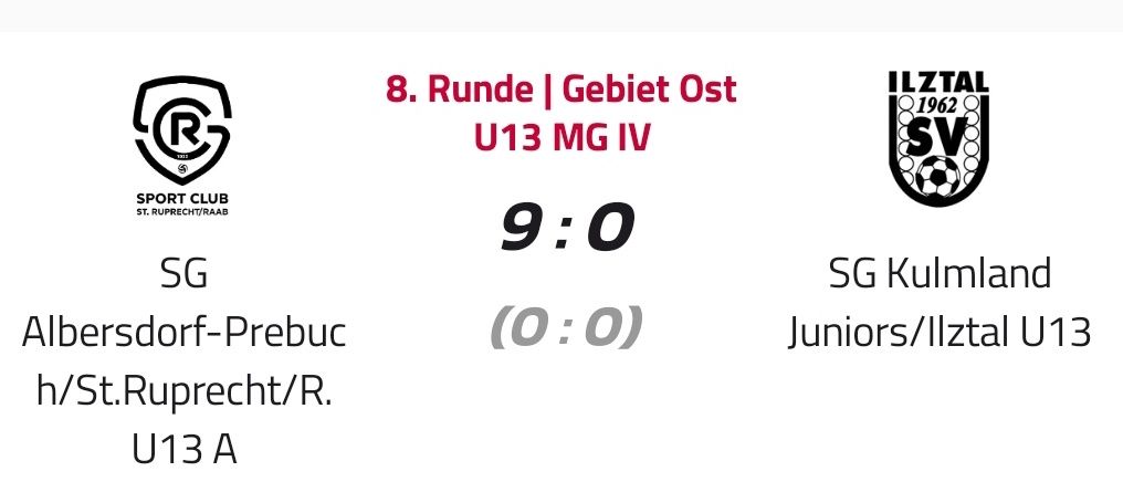 Das Bild zeigt einen Fußballspielbericht für die 8. Runde der U13 MG IV Liga. SG Dorf-Prebuz besiegte SG Kulm Juniors/Illz mit 9:0. Das Spiel fand in Gebiet Ost statt.