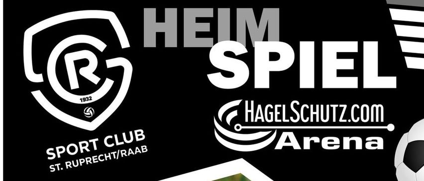 Fußball, der mit Wassertropfen auf einer Rasenfläche bedeckt ist, mit dem Logo des Sport Clubs St. Ruprecht/Raab in der oberen linken Ecke und der Website Nagelschutz.com Arena in der oberen rechten Ecke.