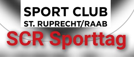 Das Logo des Sport Clubs St. Ruprecht/Raab, gegründet 1932, auf transparentem Hintergrund. Das Logo zeigt einen Schild mit dem Buchstaben R im Inneren und einem Volleyball-Symbol. Unter dem Schild steht geschrieben 'Sport Club St. Ruprecht/Raab'.
