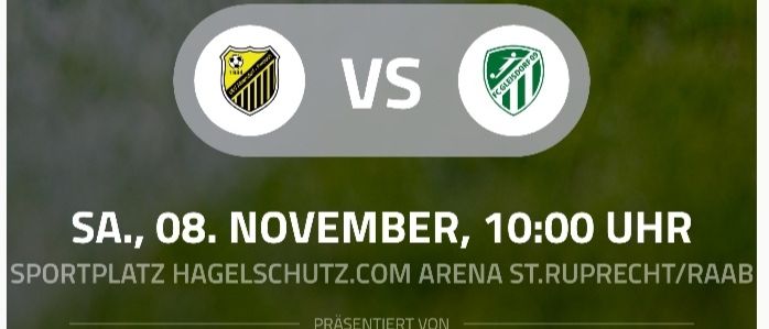 Fußballspiel auf einem Rasenfeld mit den Teams St. Pölten und Grazer AK. Datum und Uhrzeit: Samstag, 8. November, 10:00 Uhr.