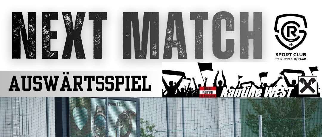 Plakat für das nächste Fußballspiel. Es zeigt eine Menge Fans im Hintergrund, einen Zaun mit einem Banner und den nächsten Spielort. Der Hashtag #WEARESCR ist ebenfalls enthalten.